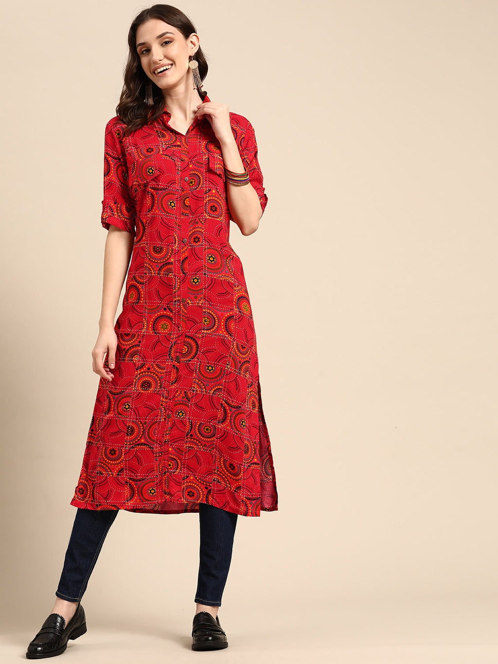 Sangria Women Red Geometric Printed Kurta | Grocsy