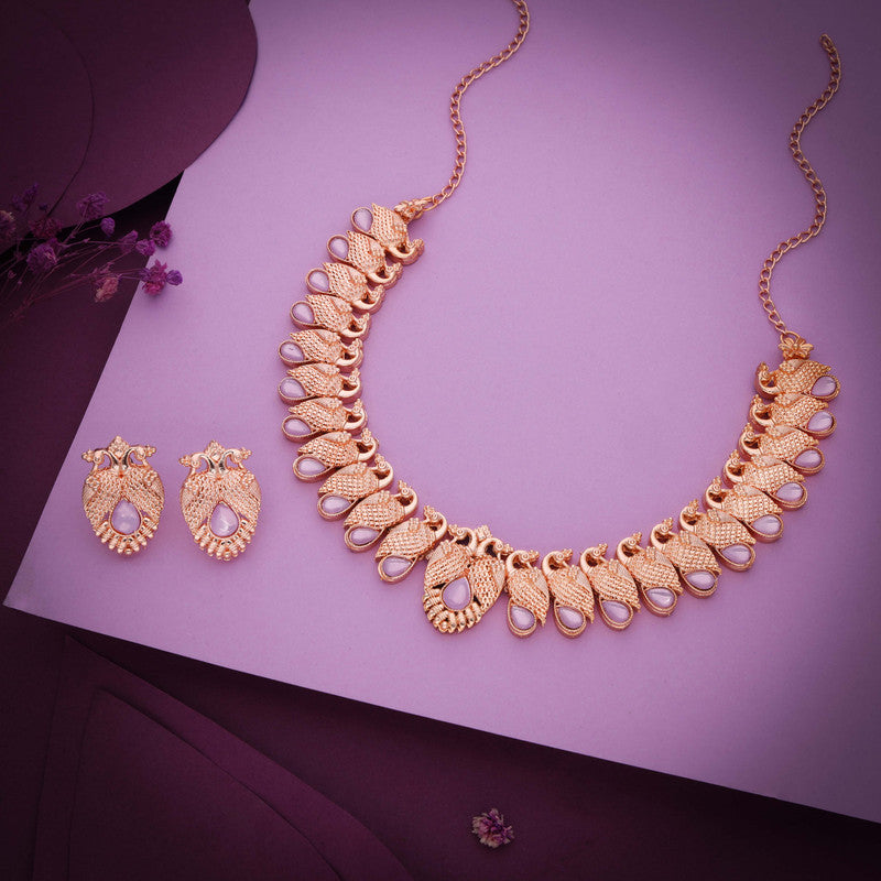 Tehzeeb Creations Rose Gold Lavender Colour Necklace With Pair Of Earrings | Grocsy