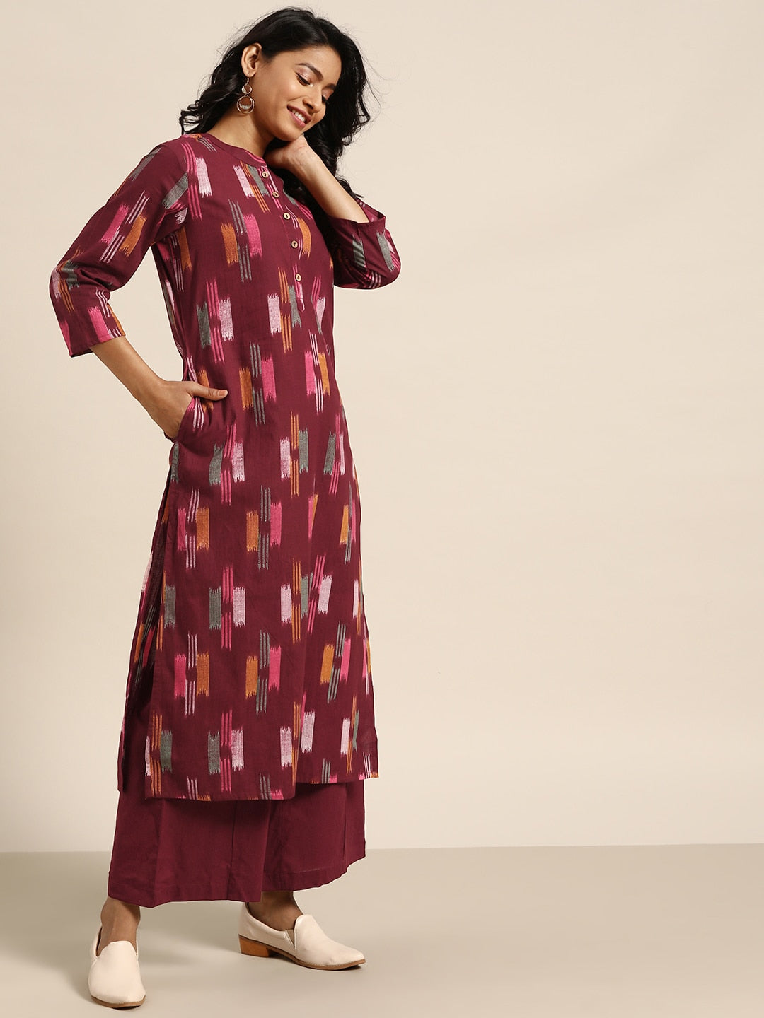 Sangria Women Burgundy & Mustard Yellow Abstract Print Cotton Kurta with Trousers | Grocsy