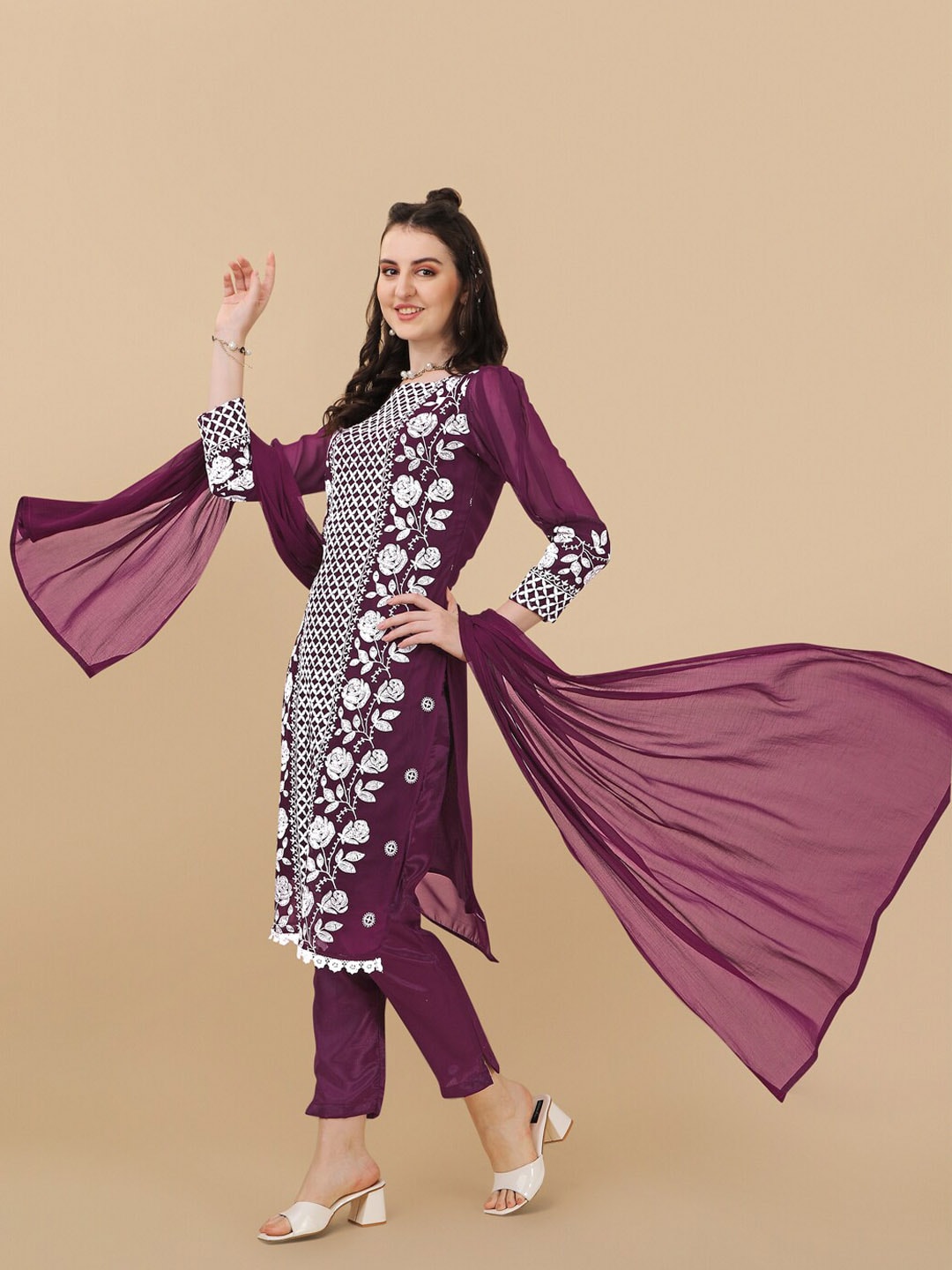 HERE&NOW Floral Embroidered Chikankari Kurta with Trousers & Dupatta | Grocsy