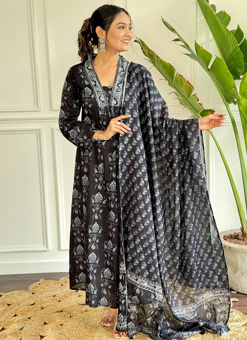 Vellora Cotton Black Casual Wear Printed Readymade Anarkali Suit | Grocsy