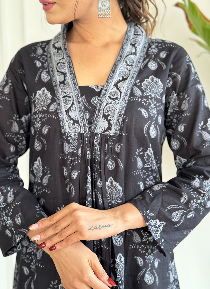 Vellora Cotton Black Casual Wear Printed Readymade Anarkali Suit | Grocsy
