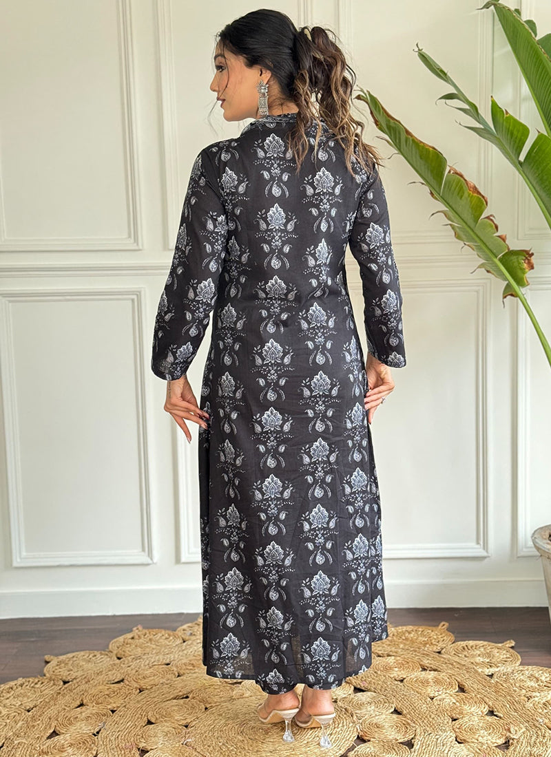 Vellora Cotton Black Casual Wear Printed Readymade Anarkali Suit | Grocsy