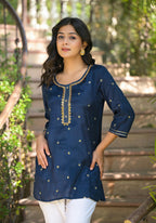 Juniper Women's Navy Zari Embroidered Viscose Tunic With Sequins | Grocsy