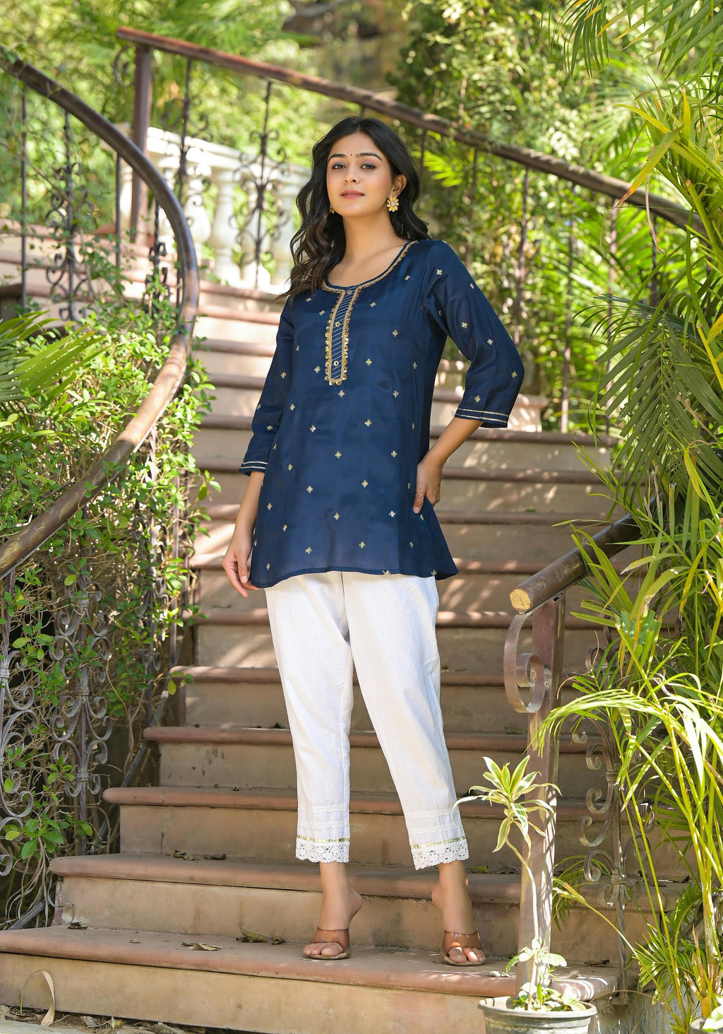 Juniper Women's Navy Zari Embroidered Viscose Tunic With Sequins | Grocsy