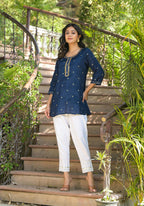 Juniper Women's Navy Zari Embroidered Viscose Tunic With Sequins | Grocsy