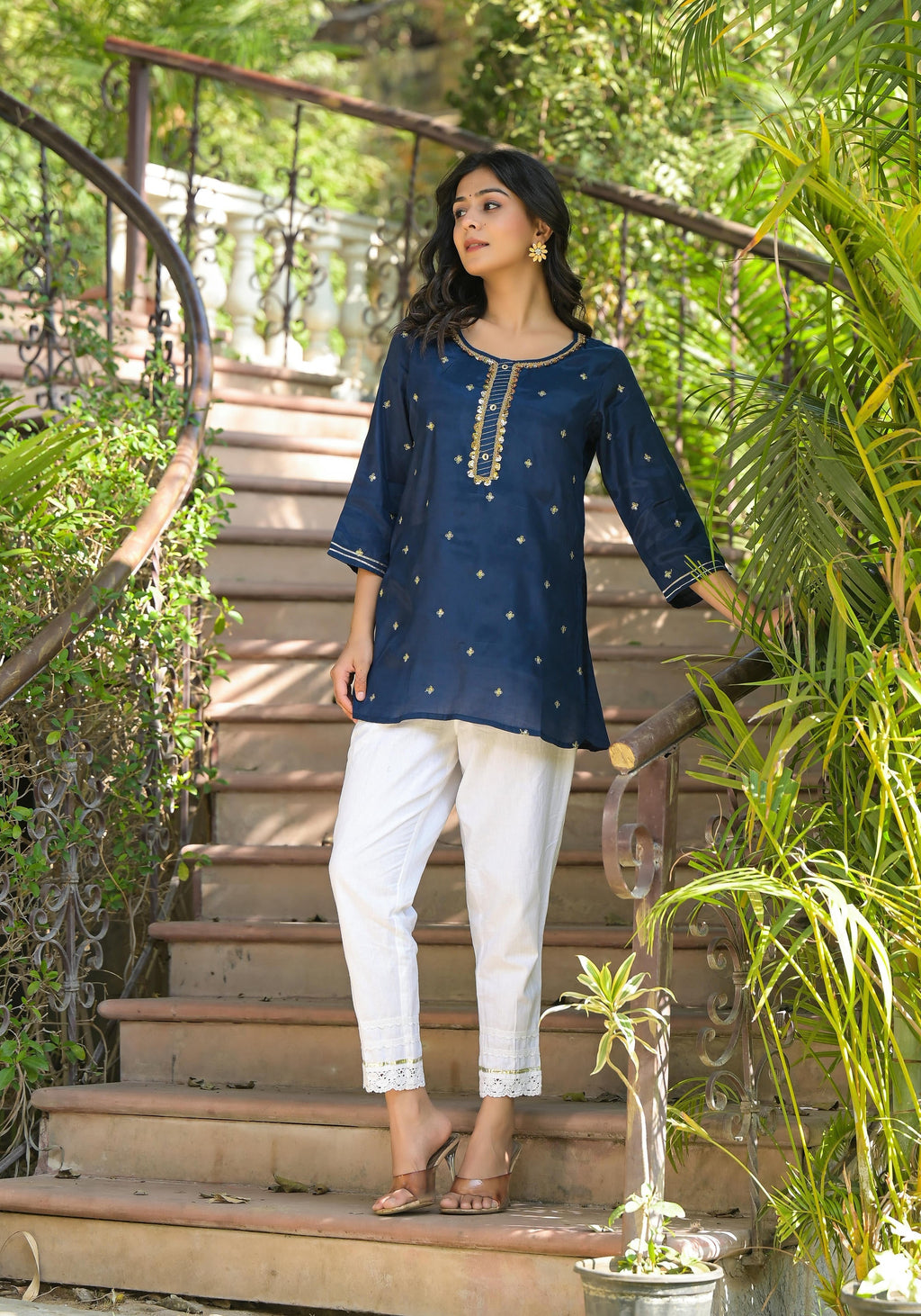 Juniper Women's Navy Zari Embroidered Viscose Tunic With Sequins | Grocsy