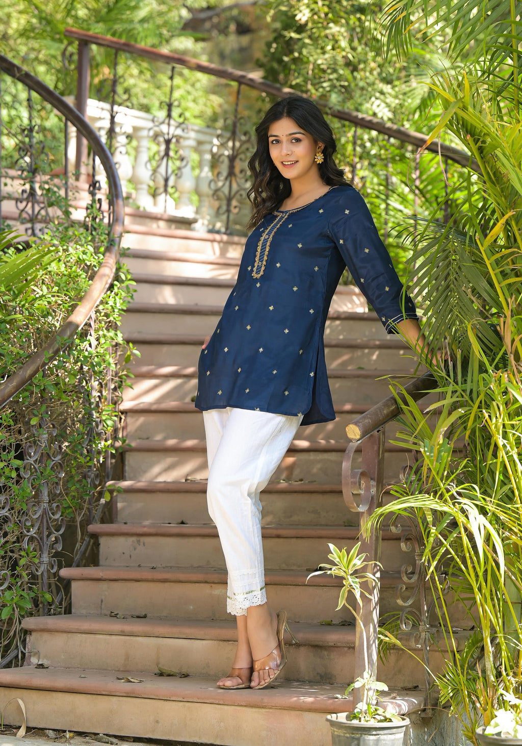 Juniper Women's Navy Zari Embroidered Viscose Tunic With Sequins | Grocsy