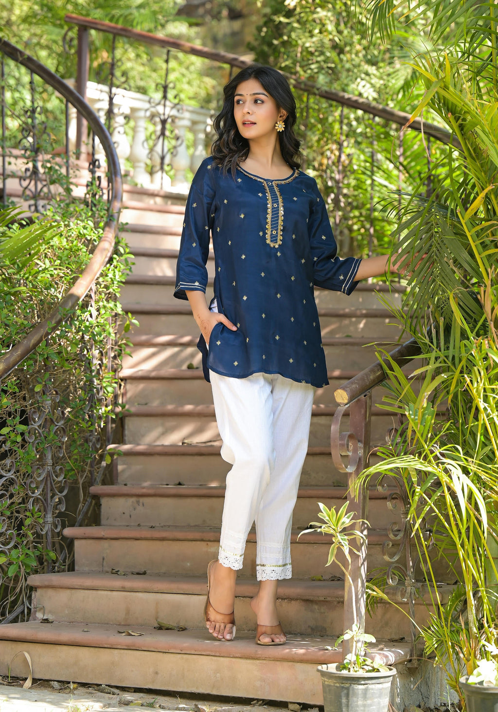 Juniper Women's Navy Zari Embroidered Viscose Tunic With Sequins | Grocsy