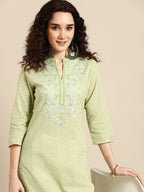 Sangria Women Green Floral Yoke Design Thread Work Pastels Kurta | Grocsy