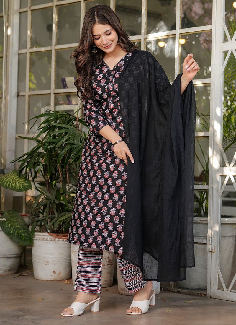 Vellora Cotton Black Daily Wear Printed Readymade Suit | Grocsy