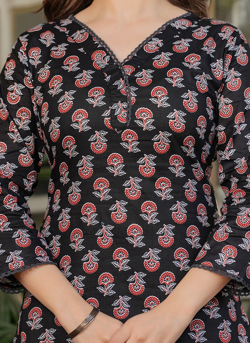 Vellora Cotton Black Daily Wear Printed Readymade Suit | Grocsy