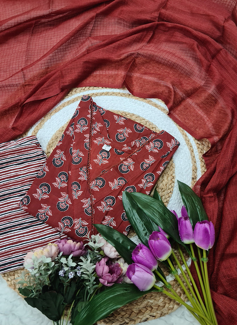 Vellora Cotton Red Daily Wear Printed Readymade Suit | Grocsy