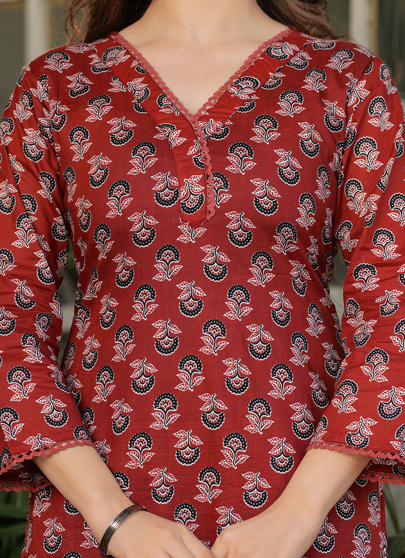 Vellora Cotton Red Daily Wear Printed Readymade Suit | Grocsy
