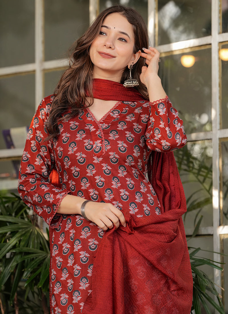 Vellora Cotton Red Daily Wear Printed Readymade Suit | Grocsy