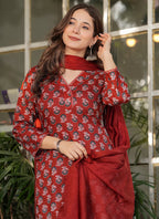 Vellora Cotton Red Daily Wear Printed Readymade Suit | Grocsy