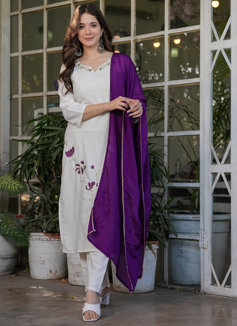 Vellora Viscose Rayon White Daily Wear Embroidery Work Readymade Straight Suit | Grocsy