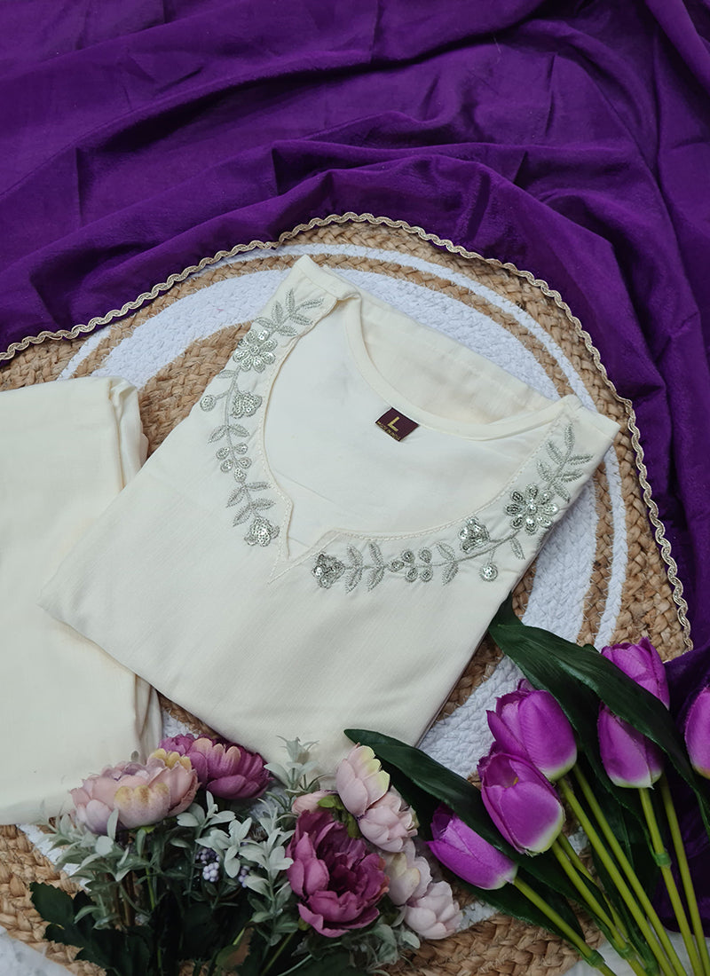 Vellora Viscose Rayon White Daily Wear Embroidery Work Readymade Straight Suit | Grocsy