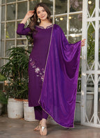 Vellora Viscose Rayon Purple Daily Wear Embroidery Work Readymade Straight Suit | Grocsy