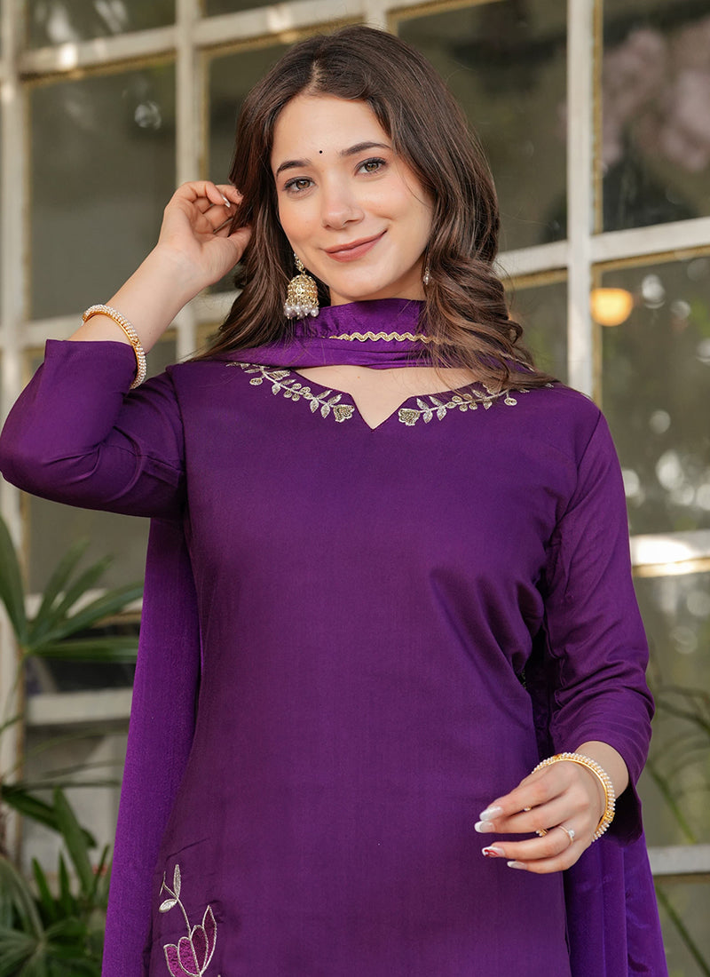 Vellora Viscose Rayon Purple Daily Wear Embroidery Work Readymade Straight Suit | Grocsy