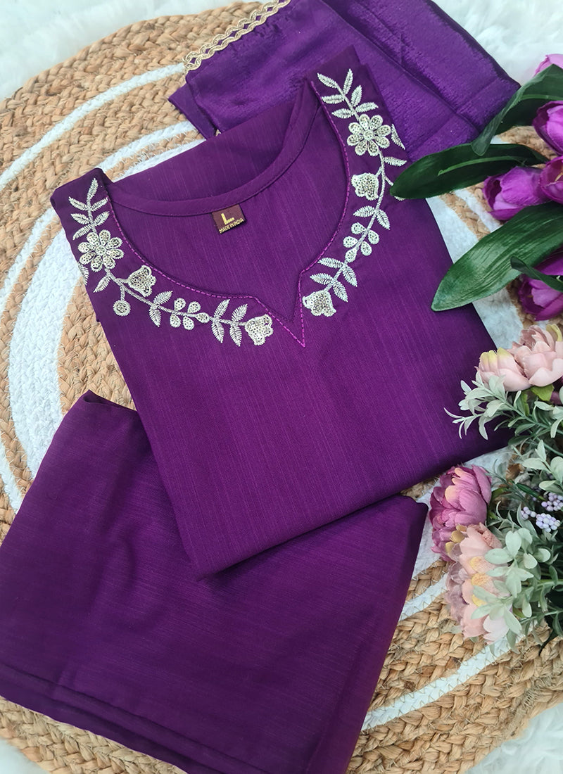 Vellora Viscose Rayon Purple Daily Wear Embroidery Work Readymade Straight Suit | Grocsy