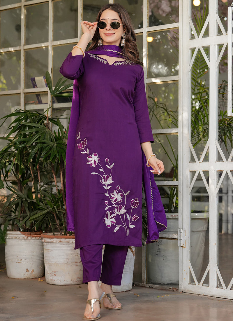 Vellora Viscose Rayon Purple Daily Wear Embroidery Work Readymade Straight Suit | Grocsy