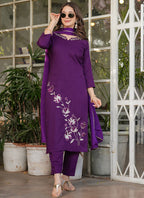 Vellora Viscose Rayon Purple Daily Wear Embroidery Work Readymade Straight Suit | Grocsy