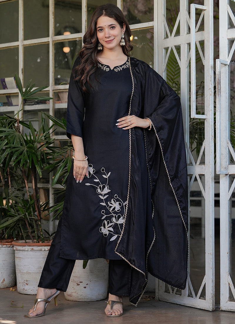 Vellora Viscose Rayon Black Daily Wear Embroidery Work Readymade Straight Suit | Grocsy