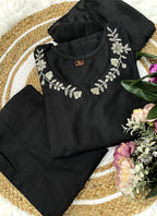 Vellora Viscose Rayon Black Daily Wear Embroidery Work Readymade Straight Suit | Grocsy