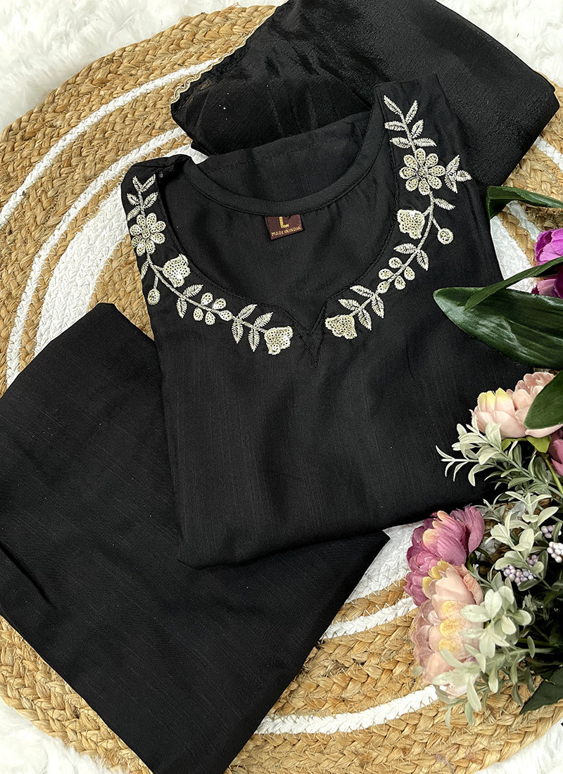 Vellora Viscose Rayon Black Daily Wear Embroidery Work Readymade Straight Suit | Grocsy