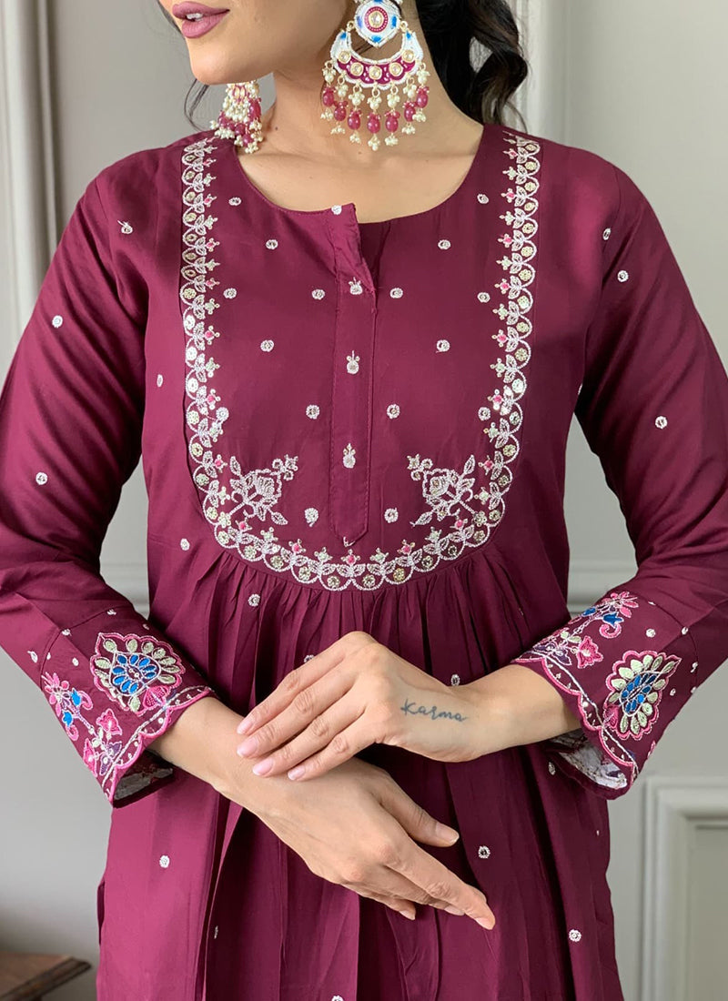 Vellora Viscose Chanderi Wine Daily Wear Embroidery Work Readymade Straight Suit | Grocsy