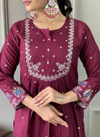 Vellora Viscose Chanderi Wine Daily Wear Embroidery Work Readymade Straight Suit | Grocsy
