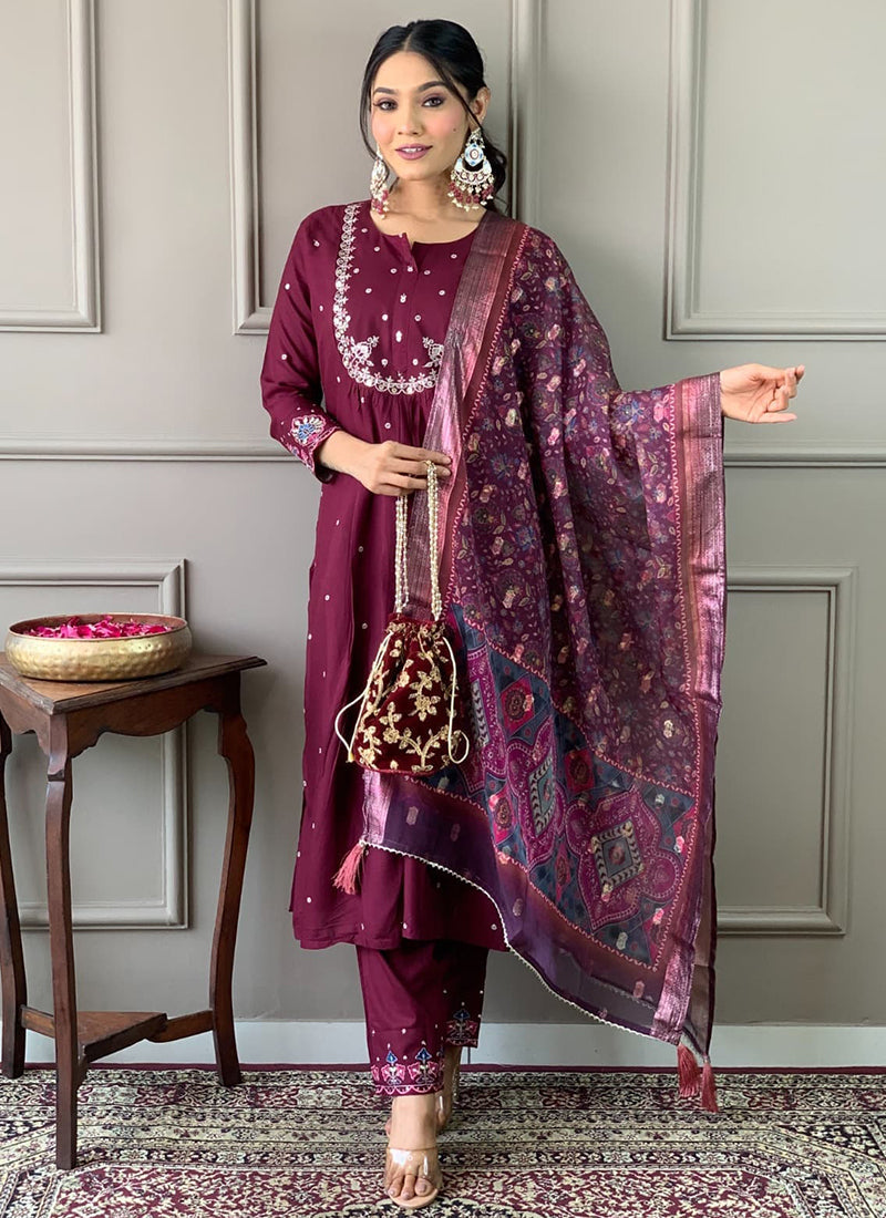 Vellora Viscose Chanderi Wine Daily Wear Embroidery Work Readymade Straight Suit | Grocsy