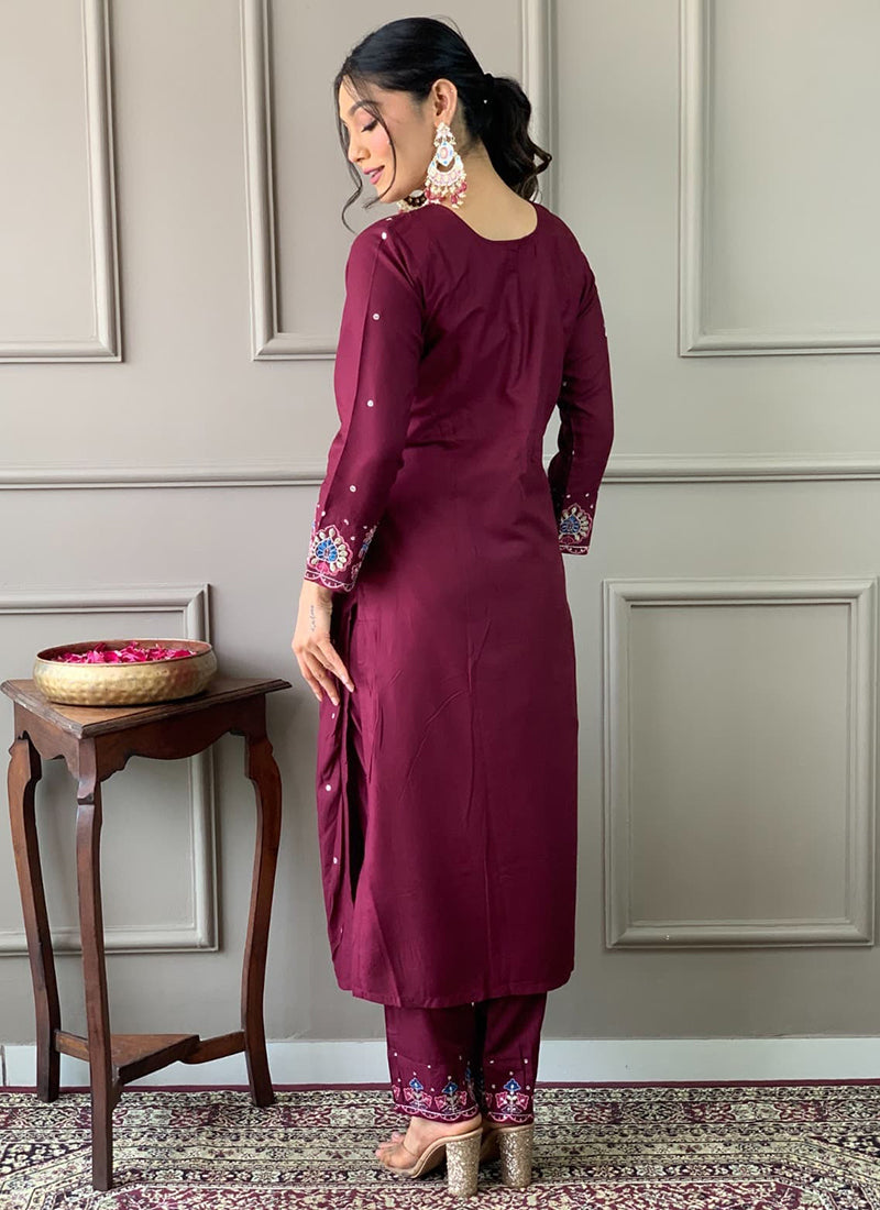 Vellora Viscose Chanderi Wine Daily Wear Embroidery Work Readymade Straight Suit | Grocsy