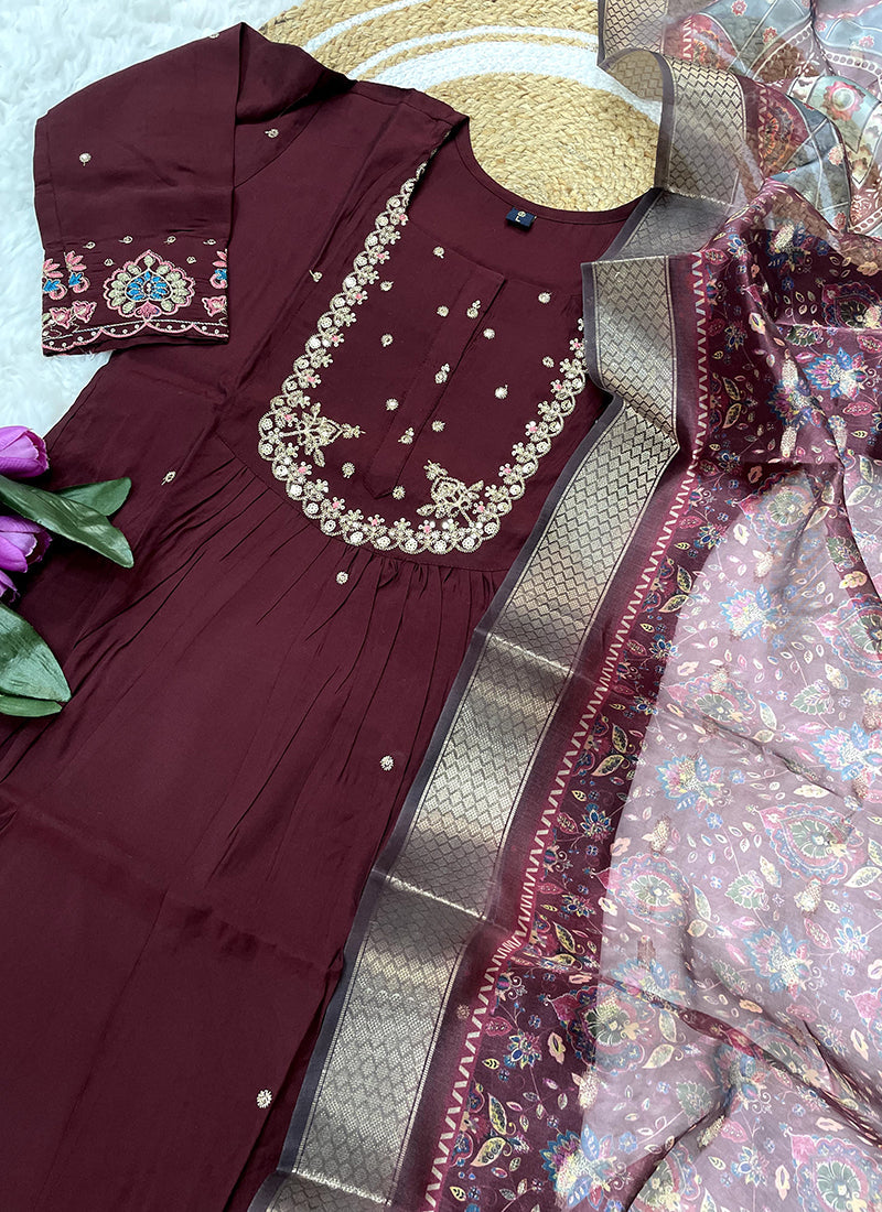 Vellora Viscose Chanderi Wine Daily Wear Embroidery Work Readymade Straight Suit | Grocsy
