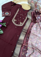 Vellora Viscose Chanderi Wine Daily Wear Embroidery Work Readymade Straight Suit | Grocsy