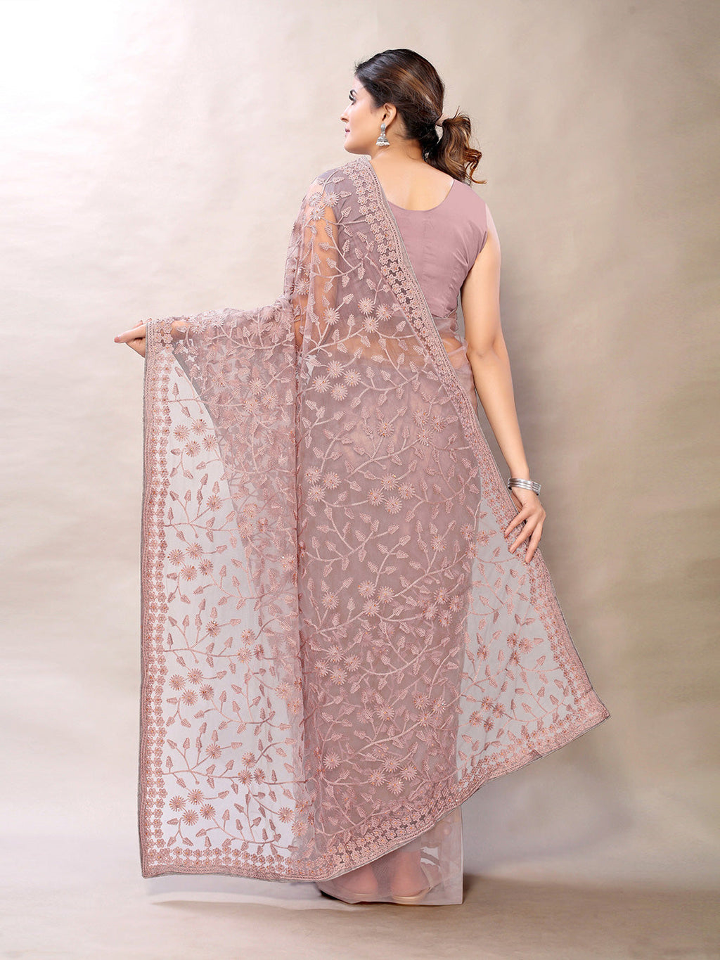 Sangria Pink Floral Net Embroidered Heavy Work Saree | Grocsy