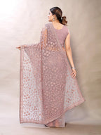 Sangria Pink Floral Net Embroidered Heavy Work Saree | Grocsy