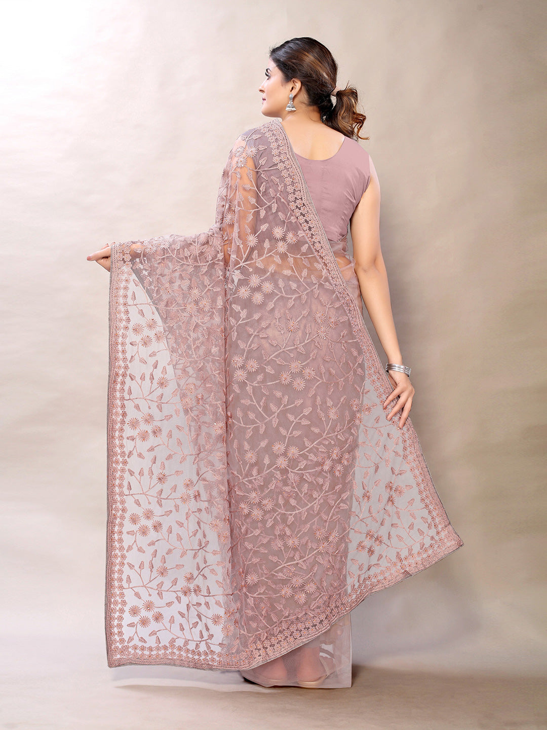 Sangria Pink Floral Net Embroidered Heavy Work Saree | Grocsy