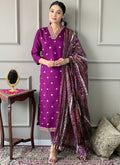 Vellora Viscose Chanderi Magenta Casual Wear Embroidery Work Readymade Suit | Grocsy