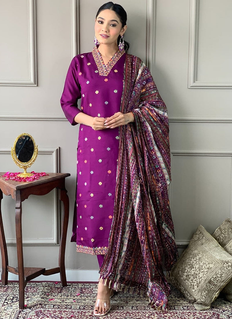 Vellora Viscose Chanderi Magenta Casual Wear Embroidery Work Readymade Suit | Grocsy