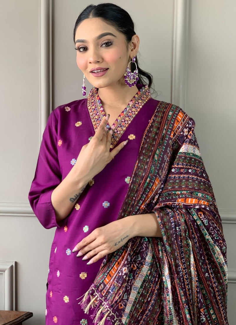 Vellora Viscose Chanderi Magenta Casual Wear Embroidery Work Readymade Suit | Grocsy