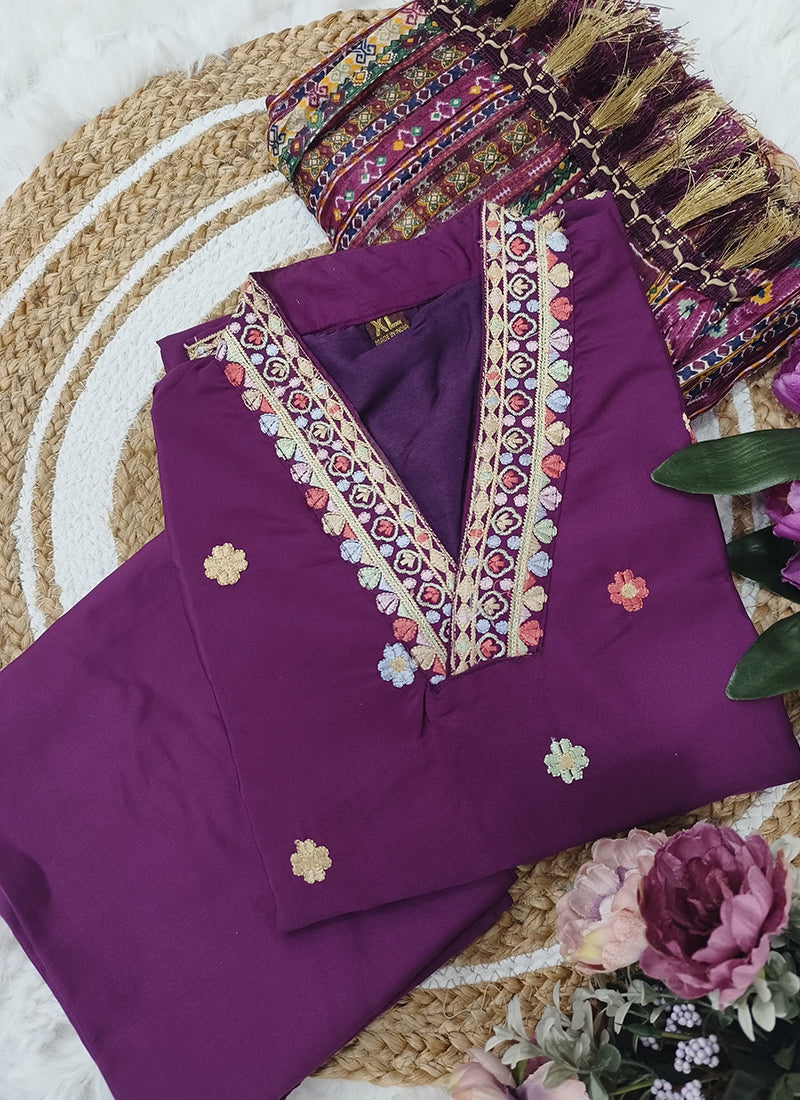 Vellora Viscose Chanderi Magenta Casual Wear Embroidery Work Readymade Suit | Grocsy