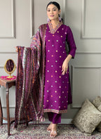 Vellora Viscose Chanderi Magenta Casual Wear Embroidery Work Readymade Suit | Grocsy