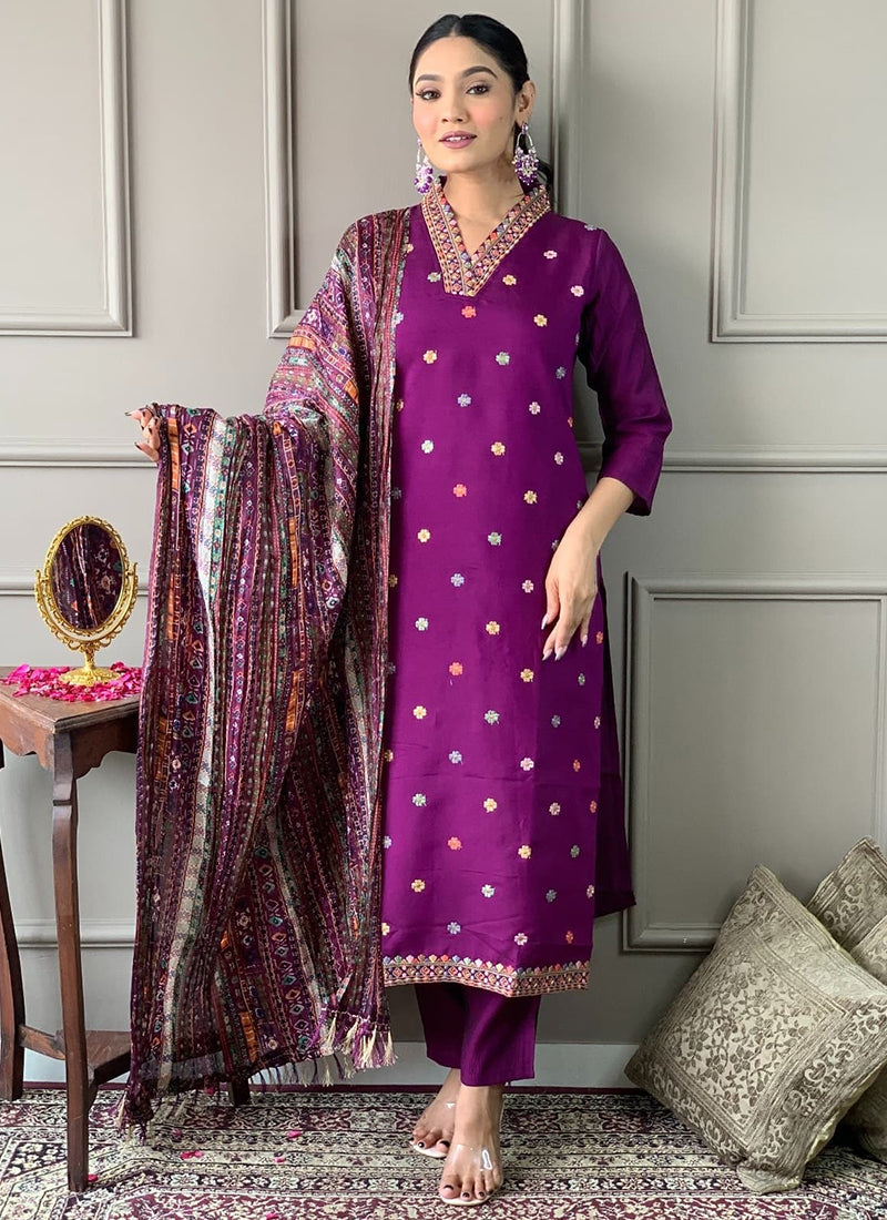 Vellora Viscose Chanderi Magenta Casual Wear Embroidery Work Readymade Suit | Grocsy