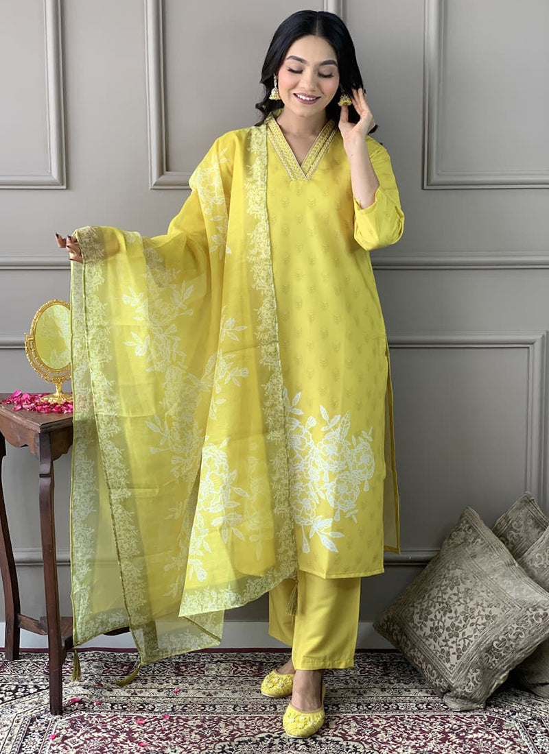 Vellora Viscose Rayon Yellow Casual Wear Embroidery Work Readymade Suit | Grocsy