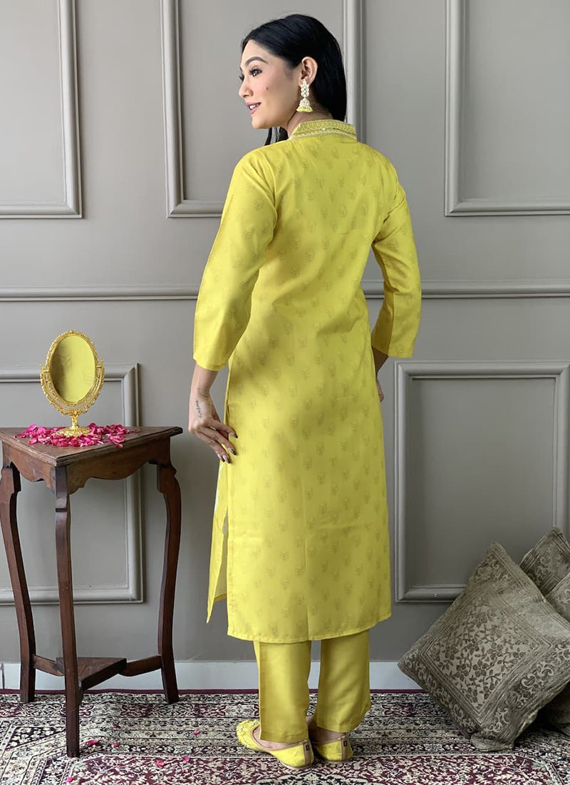 Vellora Viscose Rayon Yellow Casual Wear Embroidery Work Readymade Suit | Grocsy