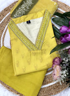 Vellora Viscose Rayon Yellow Casual Wear Embroidery Work Readymade Suit | Grocsy