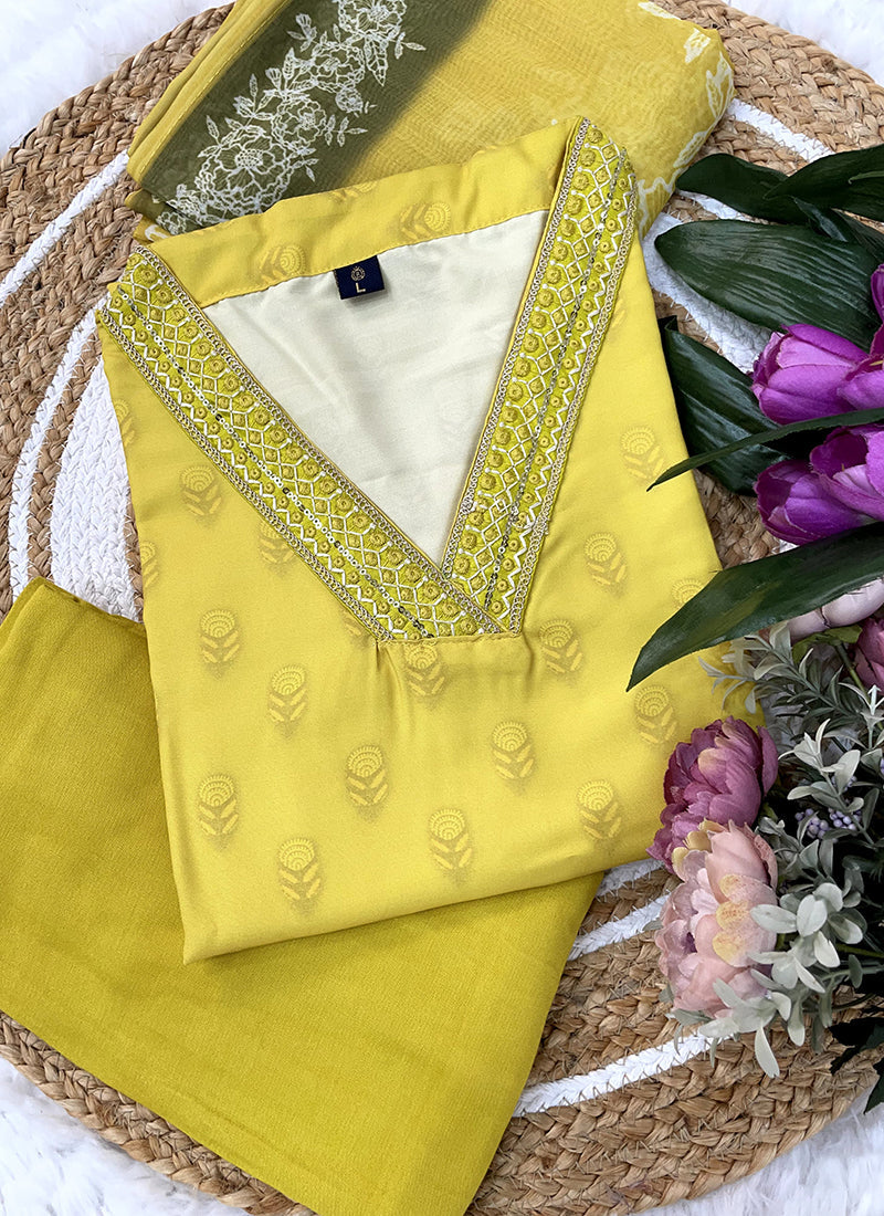 Vellora Viscose Rayon Yellow Casual Wear Embroidery Work Readymade Suit | Grocsy