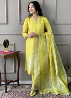 Vellora Viscose Rayon Yellow Casual Wear Embroidery Work Readymade Suit | Grocsy